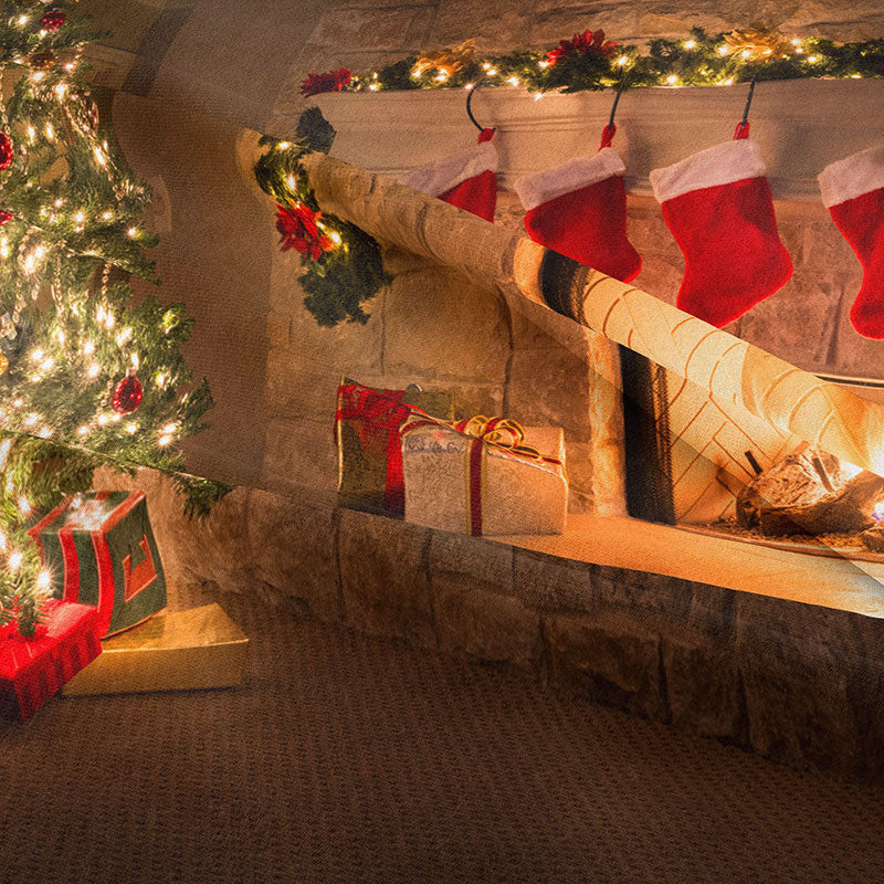 Aperturee - Red Gift Stock Tree Fireplace Christmas Backdrop