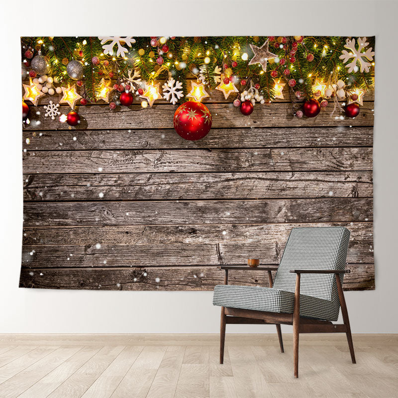 Aperturee - Red Gold Ball Star Glitter Wood Christmas Backdrop