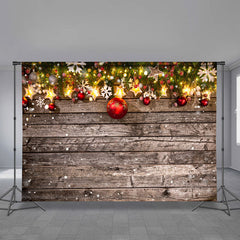 Aperturee - Red Gold Ball Star Glitter Wood Christmas Backdrop