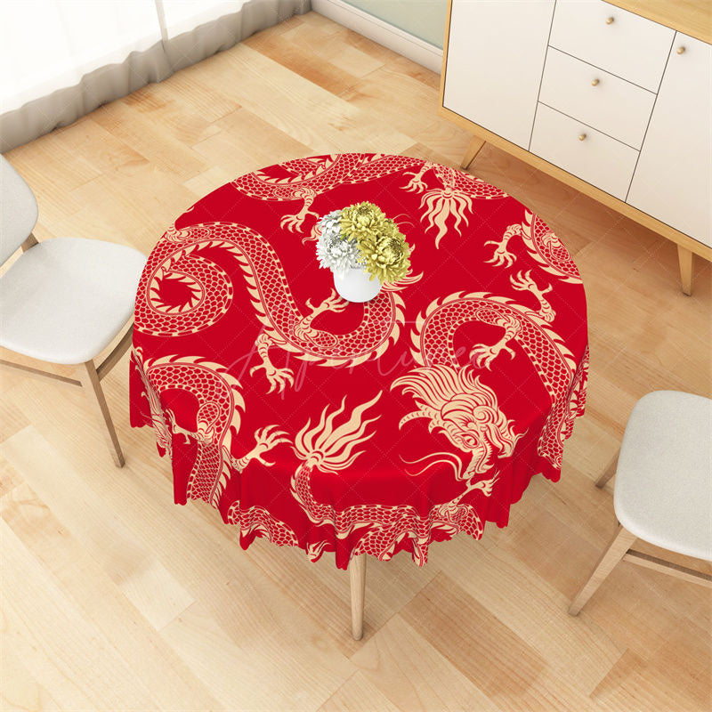 Aperturee - Red Golden Dragon Repeat Festive Round Tablecloth