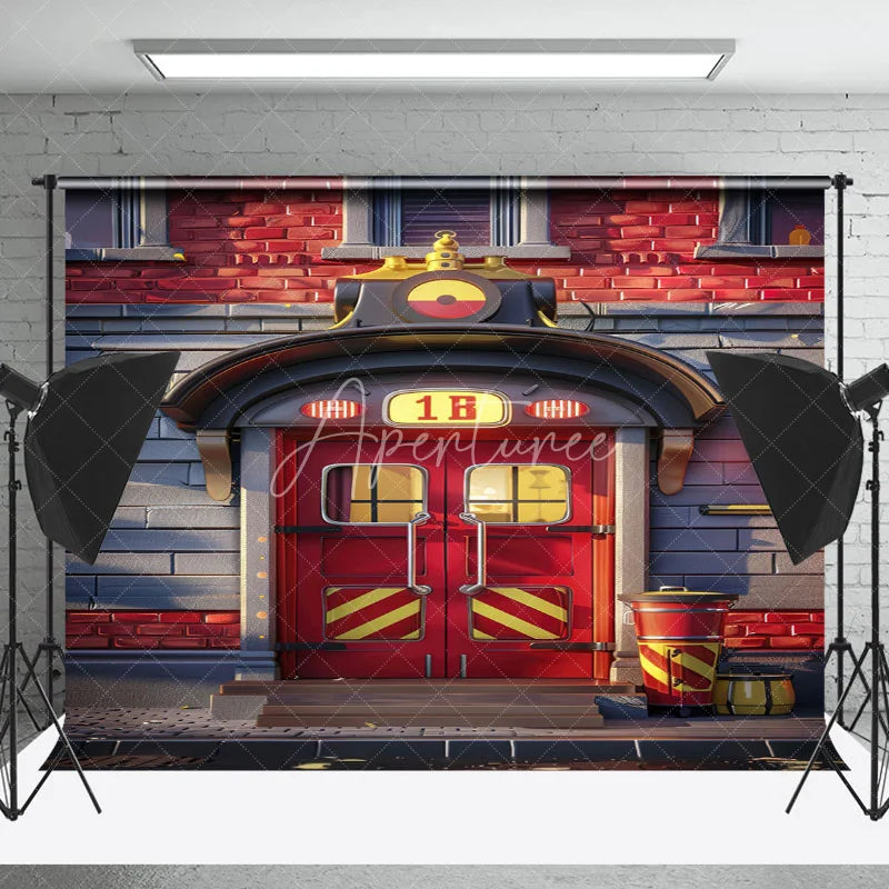 Aperturee - Red Grey Fire Station Door Cake Smash Photo Backdrop