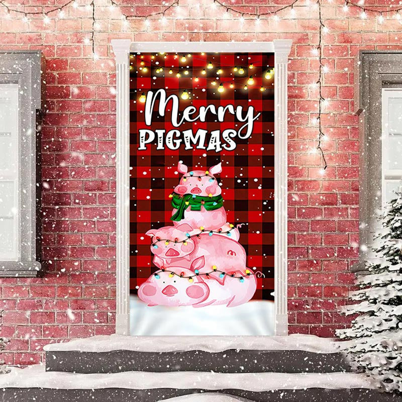 Aperturee - Red Grid Pink Pig Light Merry Christmas Door Cover