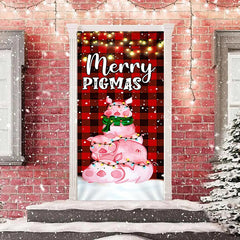Aperturee - Red Grid Pink Pig Light Merry Christmas Door Cover