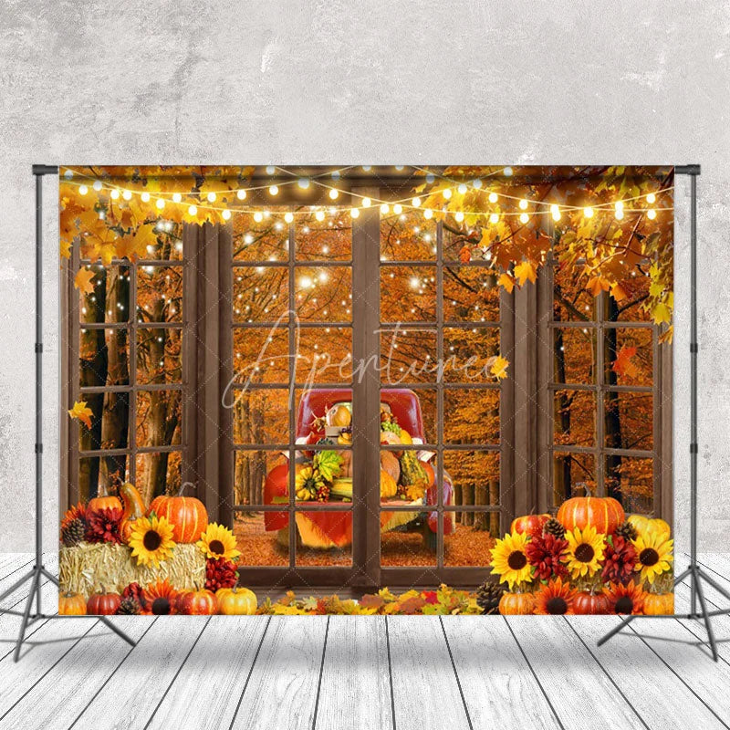 Aperturee - Red Pickup Truck With Food Outside The Window Autumn Backdrop