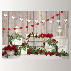 Aperturee - Red Rose Grass Light Stripe Wood Valentines Backdrop