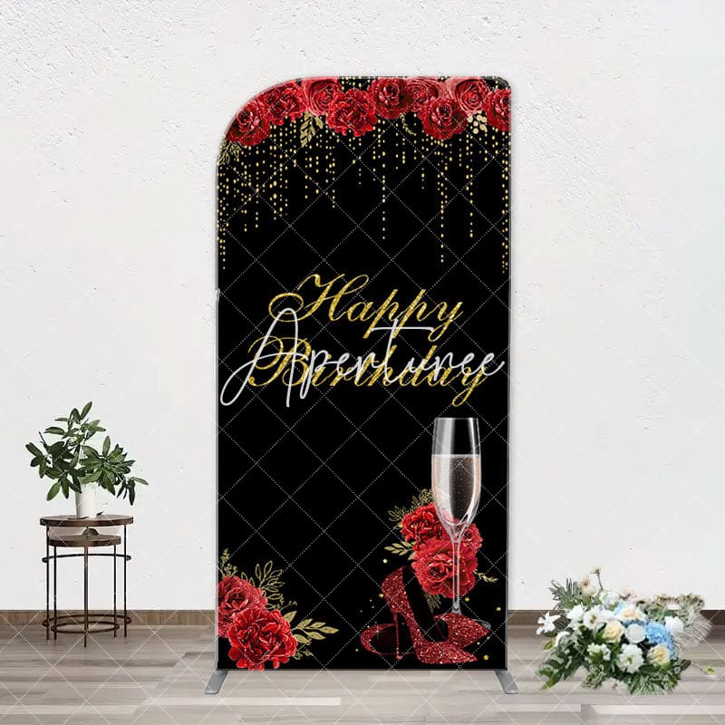 Aperturee - Red Rose High Heel Black Gold Arch Birthday Backdrop
