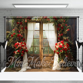 Aperturee - Red Rose Wood Door Curtian Forest Photo Backdrop