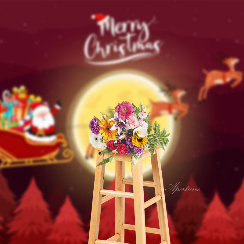 Aperturee - Red Santa Moon Elks Sleigh Trees Christmas Backdrop