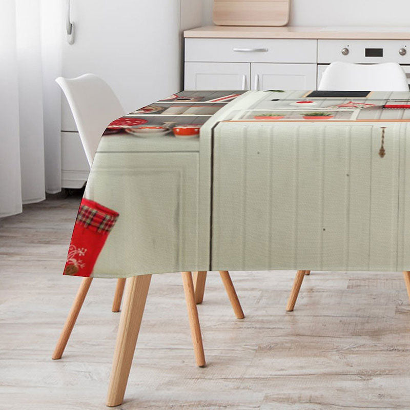Aperturee - Red Tableware White Wooden Wall Christmas Tablecloth