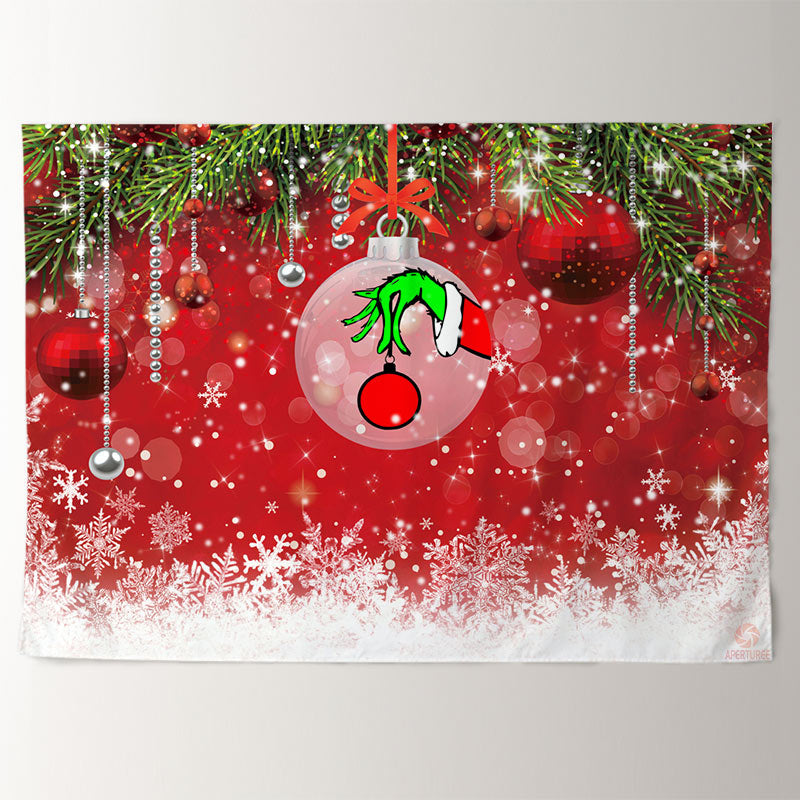 Aperturee - Red Theme Green Hand Balls Snow Christmas Backdrop