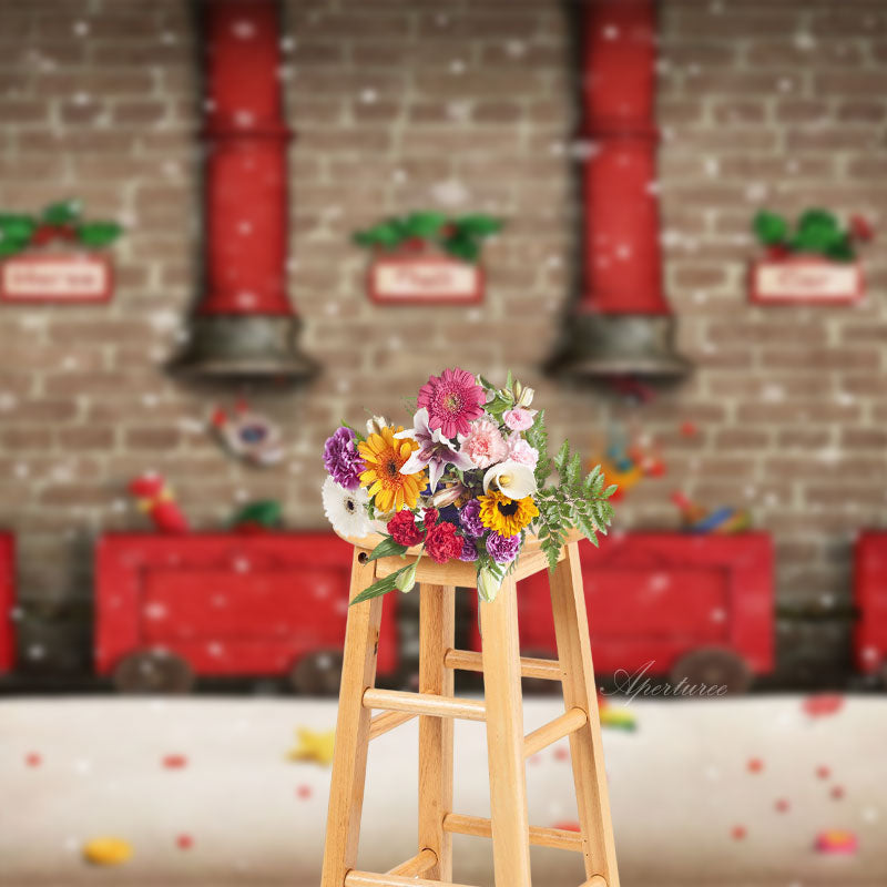 Aperturee - Red Train Gifts Brick Wall Christmas Photo Backdrop