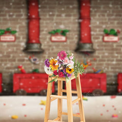 Aperturee - Red Train Gifts Brick Wall Christmas Photo Backdrop
