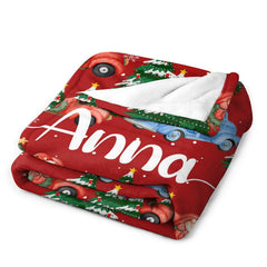 Aperturee - Red Trees Truck Custom Name Christmas Gift Blanket