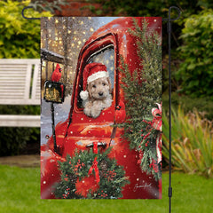 Aperturee - Red Truck Dog Plants Snowy Christmas Garden Flag