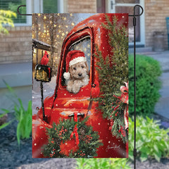 Aperturee - Red Truck Dog Plants Snowy Christmas Garden Flag