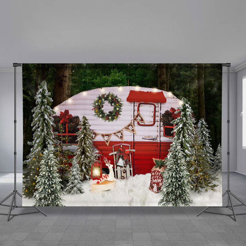 Aperturee - Red Truck In Jungle Light Snowy Christmas Backdrop