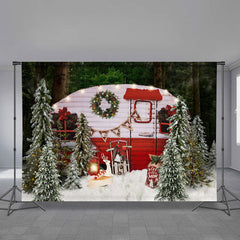 Aperturee - Red Truck In Jungle Light Snowy Christmas Backdrop