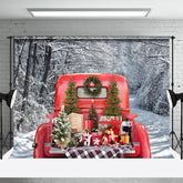 Aperturee - Red Truck Snow Forest Photography Winter Backdrop
