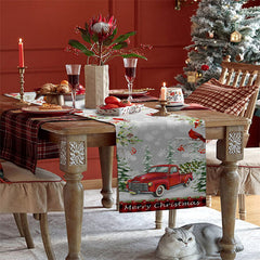 Aperturee - Red Truck Snowy Scene Forest Christmas Table Runner