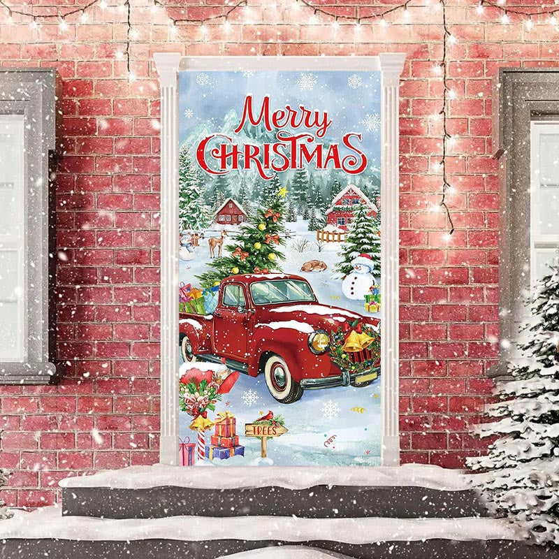 Aperturee - Red Truck Snowy Town Xmas Tree Christmas Door Cover