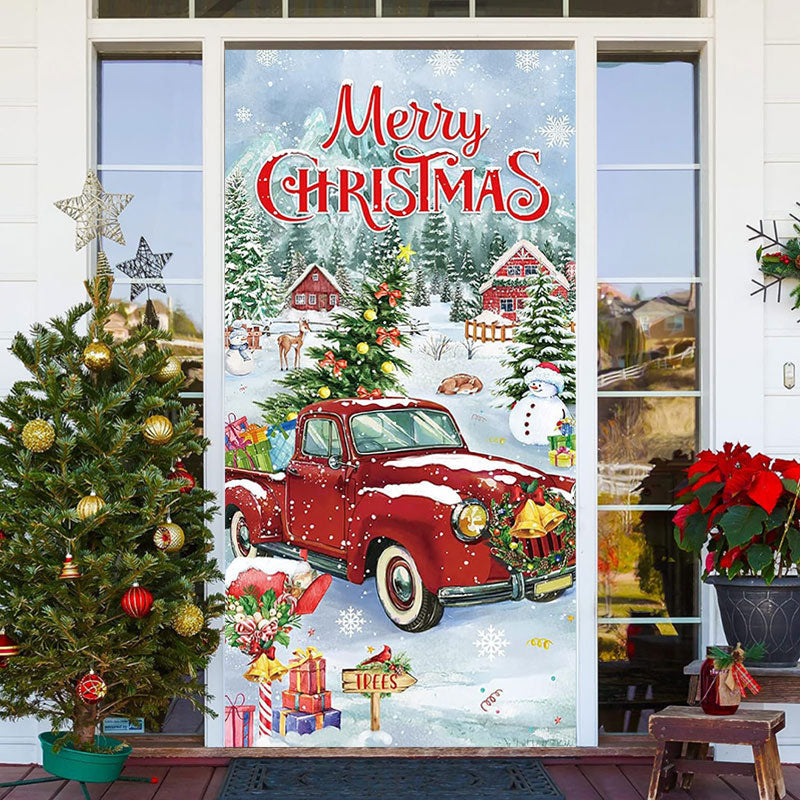 Aperturee - Red Truck Snowy Town Xmas Tree Christmas Door Cover