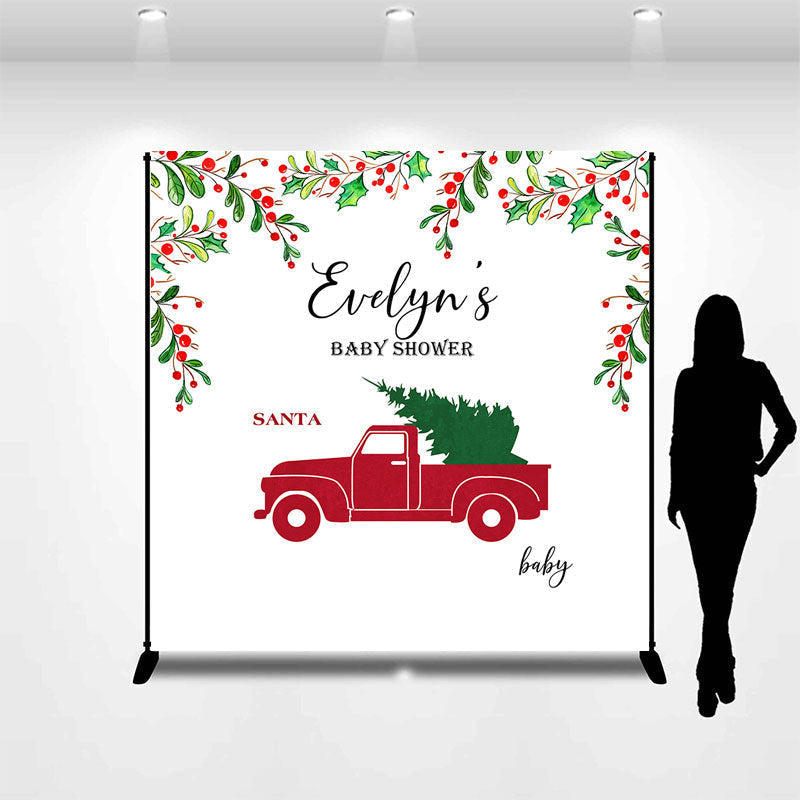 Aperturee - Red Truck Xmas Tree Custom Name Baby Shower Backdrop