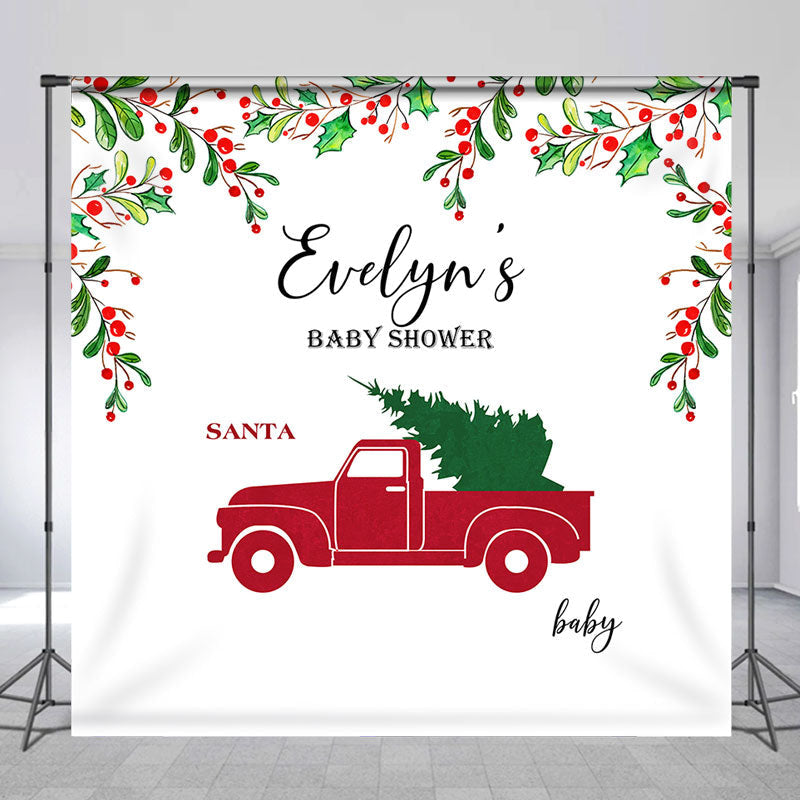 Aperturee - Red Truck Xmas Tree Custom Name Baby Shower Backdrop