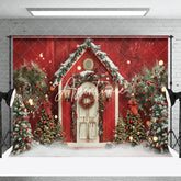 Aperturee - Red White Retro Wooden Door Trees Christmas Backdrop