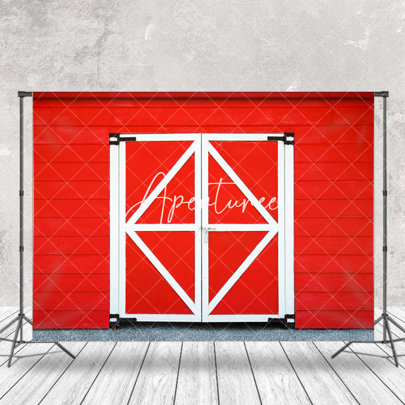 Aperturee - Red White Wooden Barn Door Retro Wall Photo Backdrop