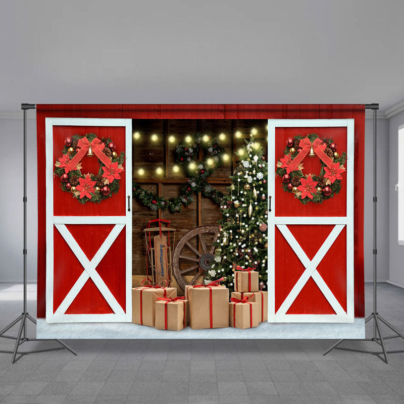 Aperturee - Red Wood Door Wreath Gift Light Christmas Backdrop