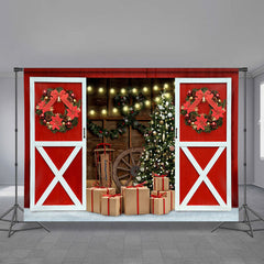 Aperturee - Red Wood Door Wreath Gift Light Christmas Backdrop