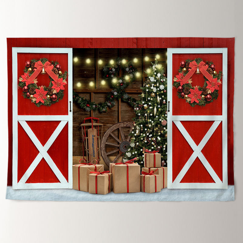 Aperturee - Red Wood Door Wreath Gift Light Christmas Backdrop
