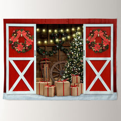 Aperturee - Red Wood Door Wreath Gift Light Christmas Backdrop