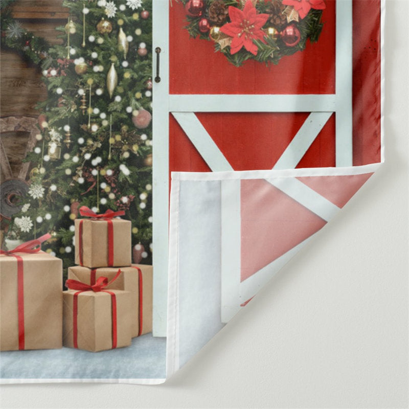 Aperturee - Red Wood Door Wreath Gift Light Christmas Backdrop