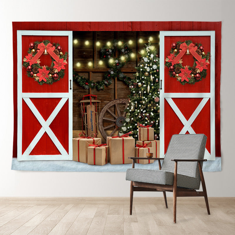 Aperturee - Red Wood Door Wreath Gift Light Christmas Backdrop