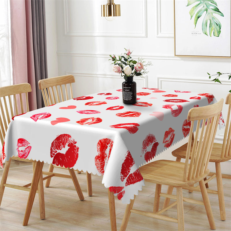 Aperturee - Repeat Red Lip Print Heart Rectangle Tablecloth