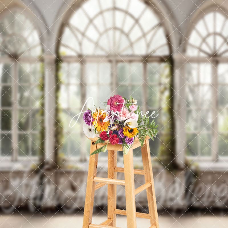 Aperturee - Retro Arch Spring Scene White Window Photo Backdrop