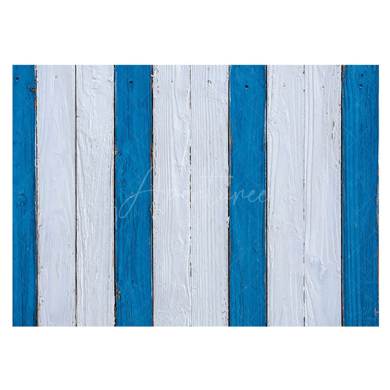 Aperturee - Retro Blue White Painted Stripe Wood Rubber Floor Mat