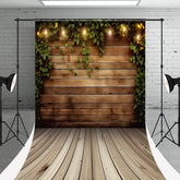 Aperturee - Retro Brown Wood Wall Greenery Sweep Photo Backdrop