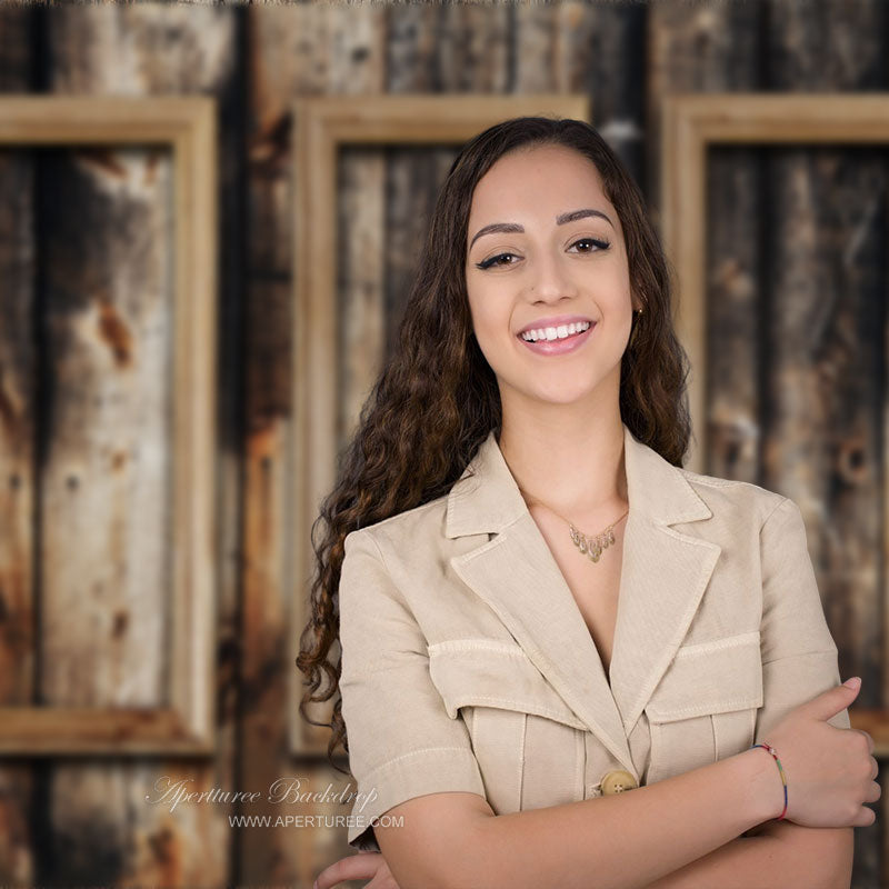 Aperturee - Retro Burnt Wood Plank Window Photo Booth Backdrop