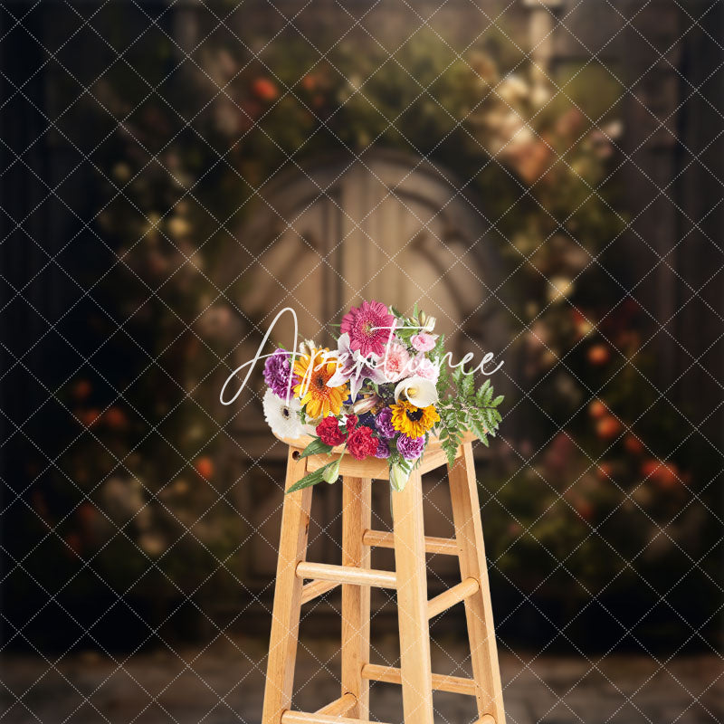 Aperturee - Retro Door Greenery Floral Maternity Photo Backdrop