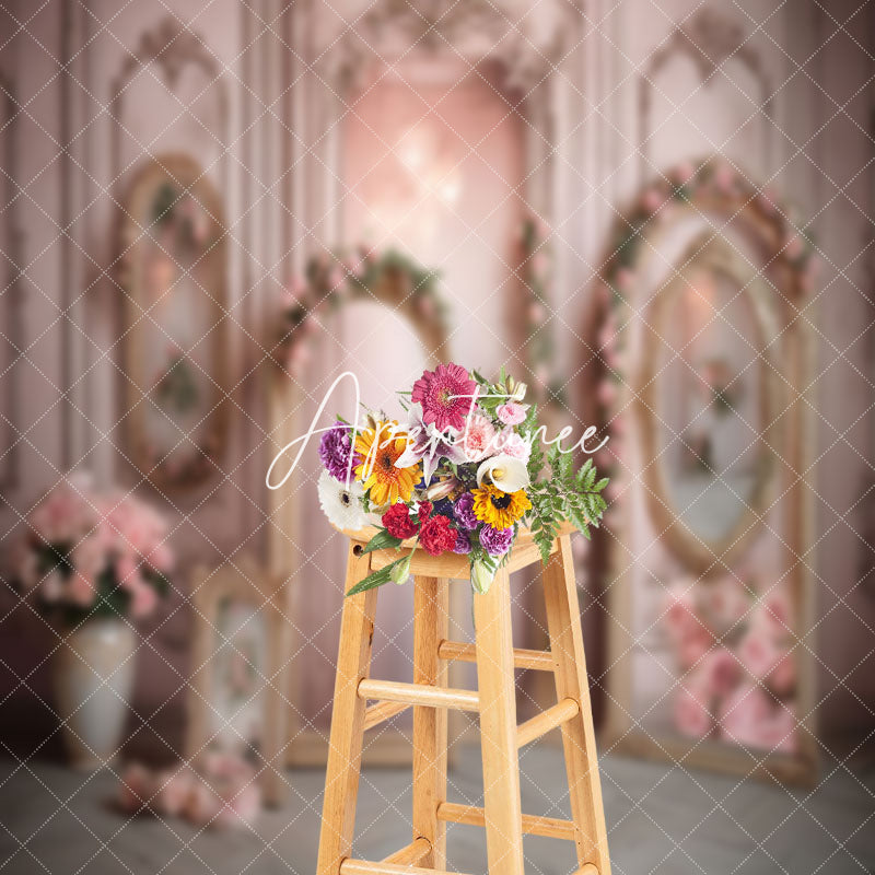 Aperturee - Retro Gold Arch Frame Pink Rose Backdrop For Photo