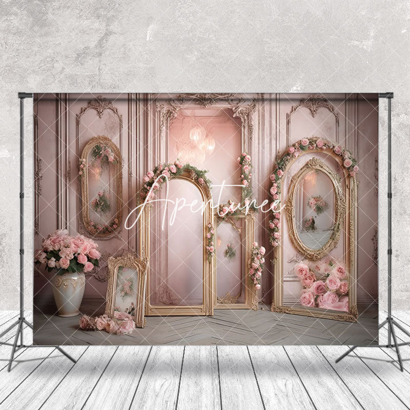 Aperturee - Retro Gold Arch Frame Pink Rose Backdrop For Photo