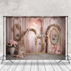 Aperturee - Retro Gold Arch Frame Pink Rose Backdrop For Photo
