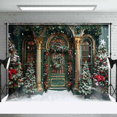 Aperturee - Retro Green Gold Door Trees Snow Christmas Backdrop