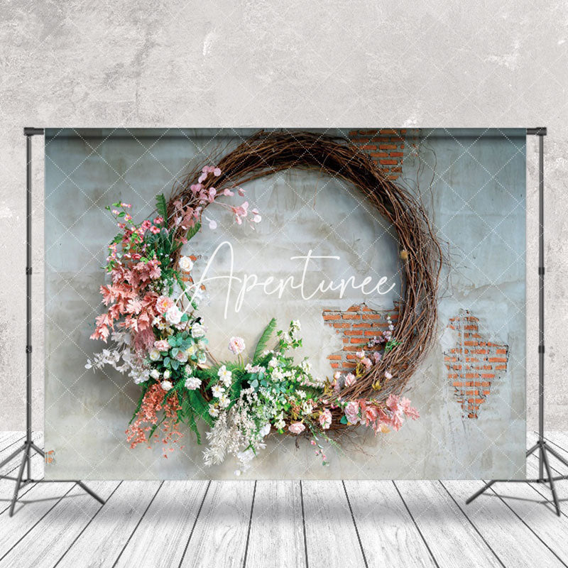 Aperturee - Retro Grey Red Brick Wall Wreath Backdrop For Photo