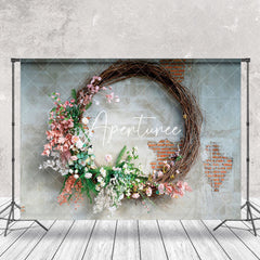 Aperturee - Retro Grey Red Brick Wall Wreath Backdrop For Photo
