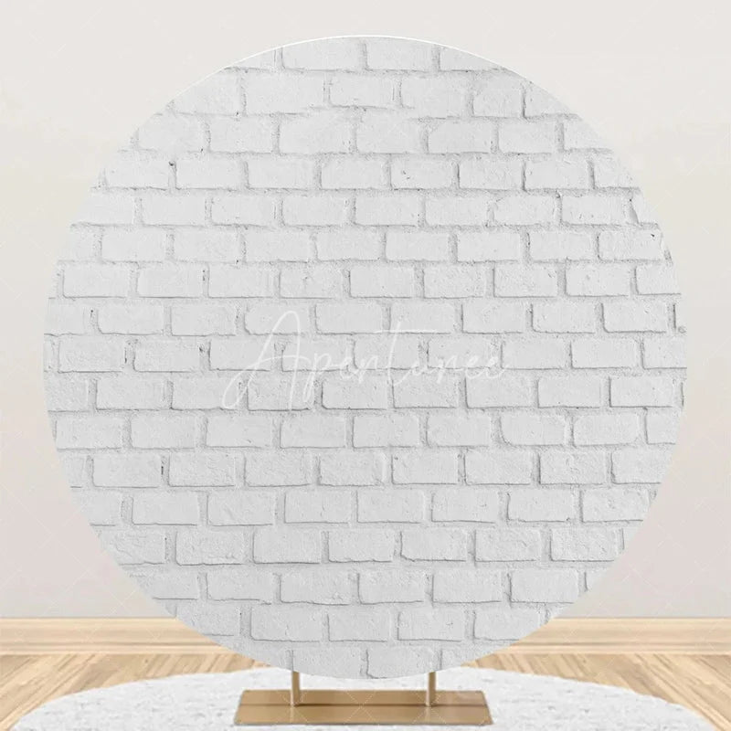 Aperturee - Retro Grey White Brick Wall Round Birthday Backdrop