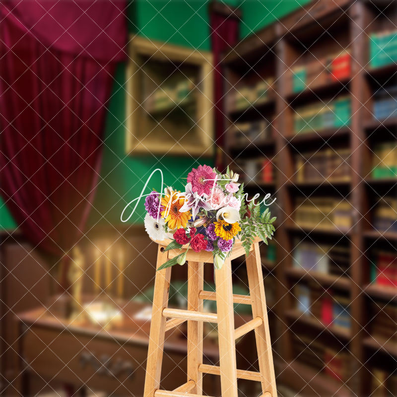 Aperturee - Retro Luxury Desk Books Green Wall Photo Backdrop