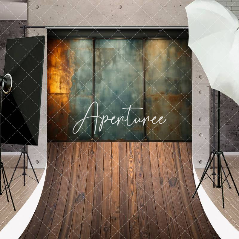 Aperturee - Retro Rusty Metal Texture Wall Wood Floor Photo Backdrop